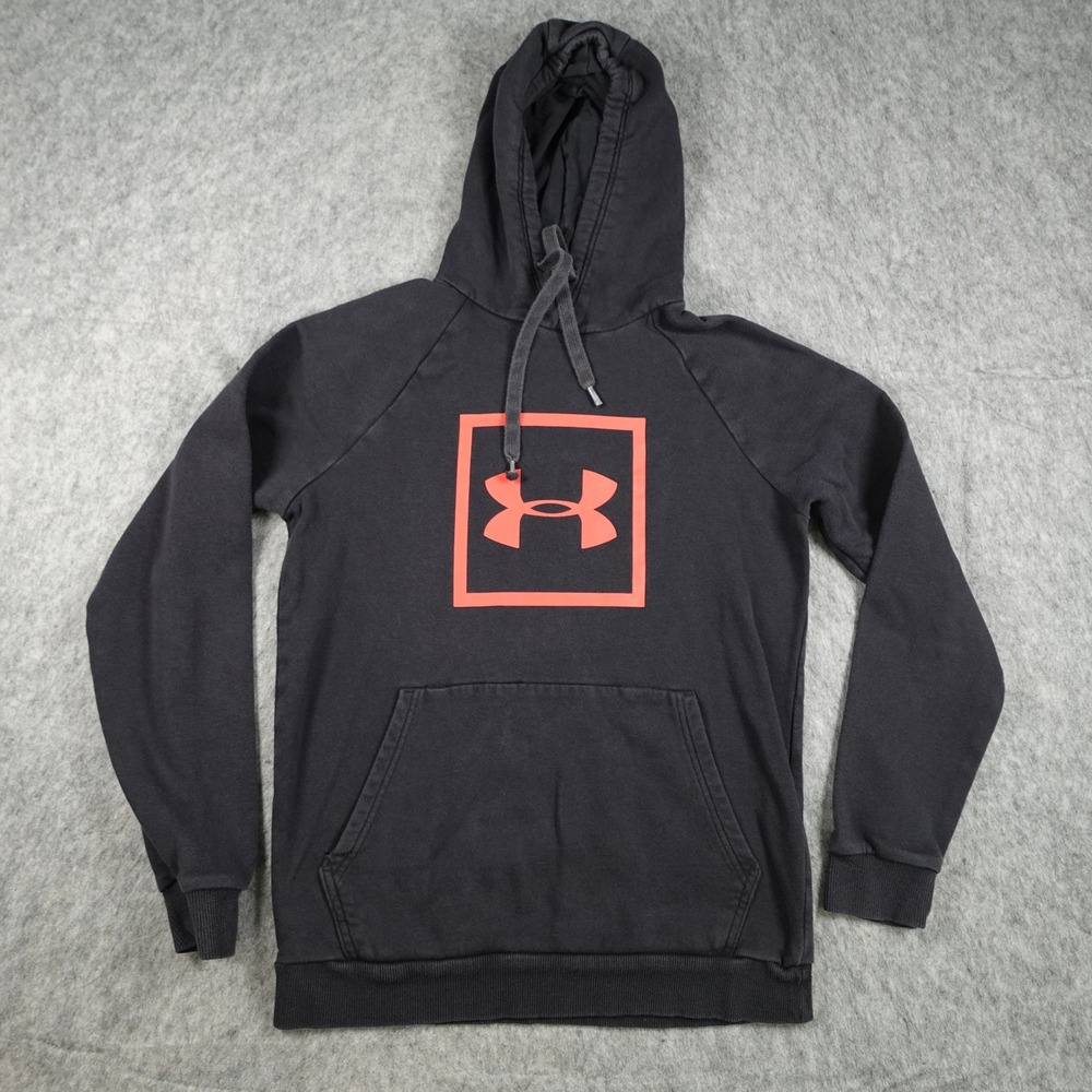Under Armour Hoodie Mens Small Black Orange Rival Fleece Box Logo Pullover